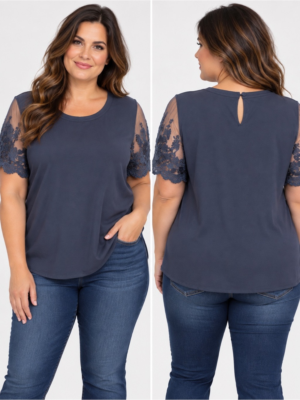 Emery Rose Navy Blue Floral Lace Sleeve Blouse Women's 1XL